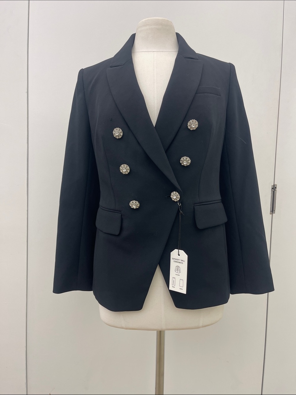 Express Black Double-Breasted Blazer with Rhinestone Cluster Buttons